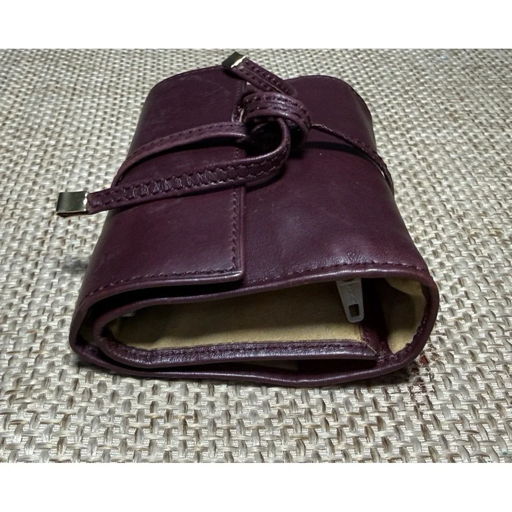 Mark Cross Leather Tri Fold Travel Pouch Burgundy Tie Lux Jewelry Roll Organizer